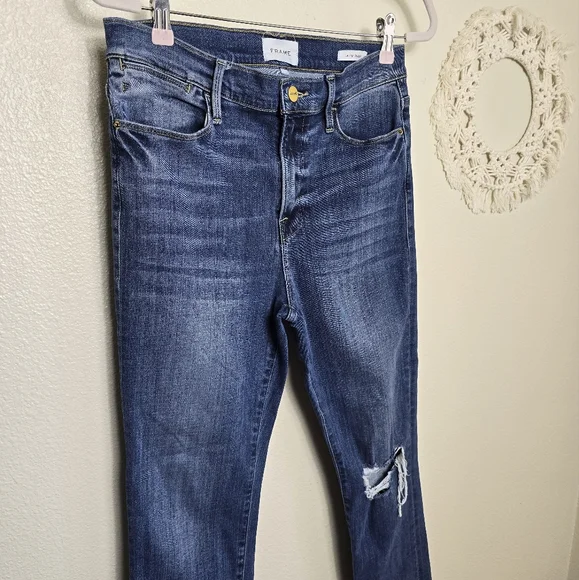 Frame Le High Straight Stallion Rips Cropped Raw Hem Denim Jeans